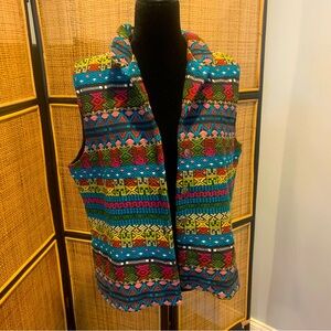 Chicos Vest Textured Embroidered Tribal Woven Boho Size 1